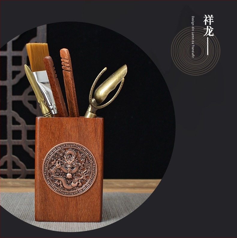 Set ceremonie ceai Six Gentlemen din lemn de abanos și lemn solid Huali, accesorii Kung Fu pentru uz casnic, include perie de ceai, cuțit de ceai și clip pentru ceai, decor de masă.
