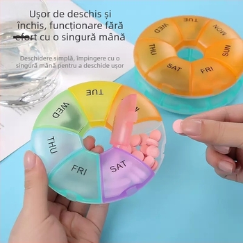 Organizator colorat pentru medicamente de 7 zile, capacitate mare, portabil, din plastic, cu compartimente divizate și protecție împotriva umezelii
