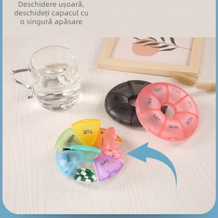 Organizator colorat pentru medicamente de 7 zile, capacitate mare, portabil, din plastic, cu compartimente divizate și protecție împotriva umezelii