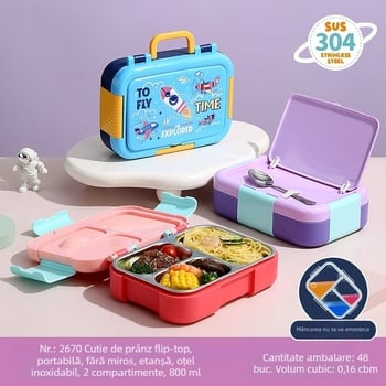 Cutie pentru prânz cu design desen animat, izolație completă, din PP+304 oțel inoxidabil, compartimente separate și lingură pliabilă
