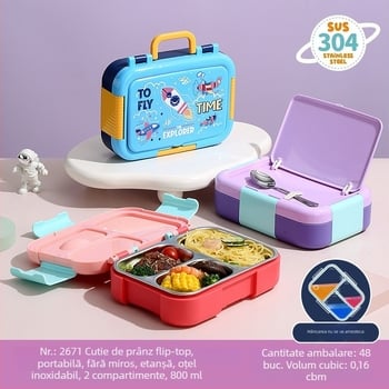 Cutie pentru prânz cu design desen animat, izolație completă, din PP+304 oțel inoxidabil, compartimente separate și lingură pliabilă