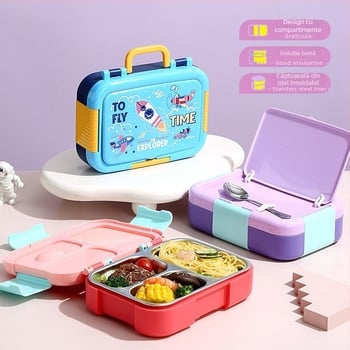 Cutie pentru prânz cu design desen animat, izolație completă, din PP+304 oțel inoxidabil, compartimente separate și lingură pliabilă