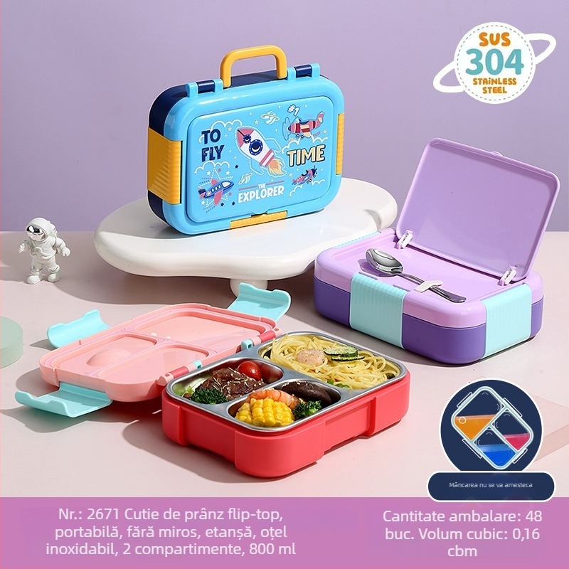 Cutie pentru prânz cu design desen animat, izolație completă, din PP+304 oțel inoxidabil, compartimente separate și lingură pliabilă