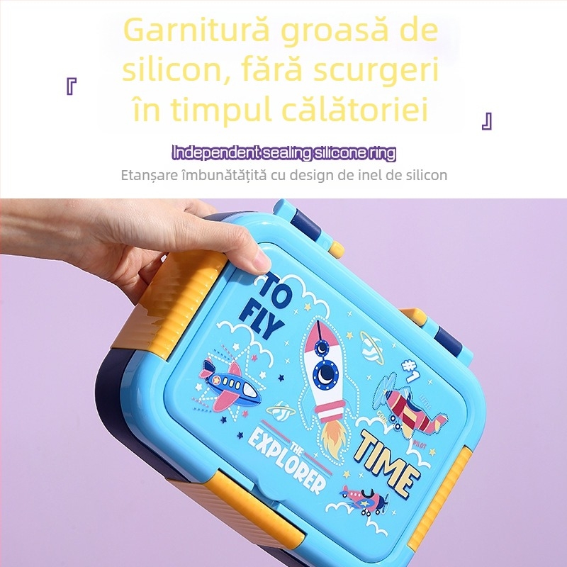 Cutie pentru prânz cu design desen animat, izolație completă, din PP+304 oțel inoxidabil, compartimente separate și lingură pliabilă