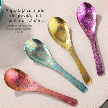 Lingură din titan pur, stil ușor lux pentru uz casnic, cu două straturi, fără acoperire, lingură de orez cu design Ice Flower, pentru camping în aer liber, anti-cădere, mică