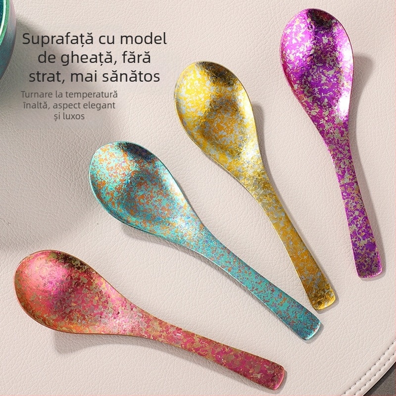 Lingură din titan pur, stil ușor lux pentru uz casnic, cu două straturi, fără acoperire, lingură de orez cu design Ice Flower, pentru camping în aer liber, anti-cădere, mică