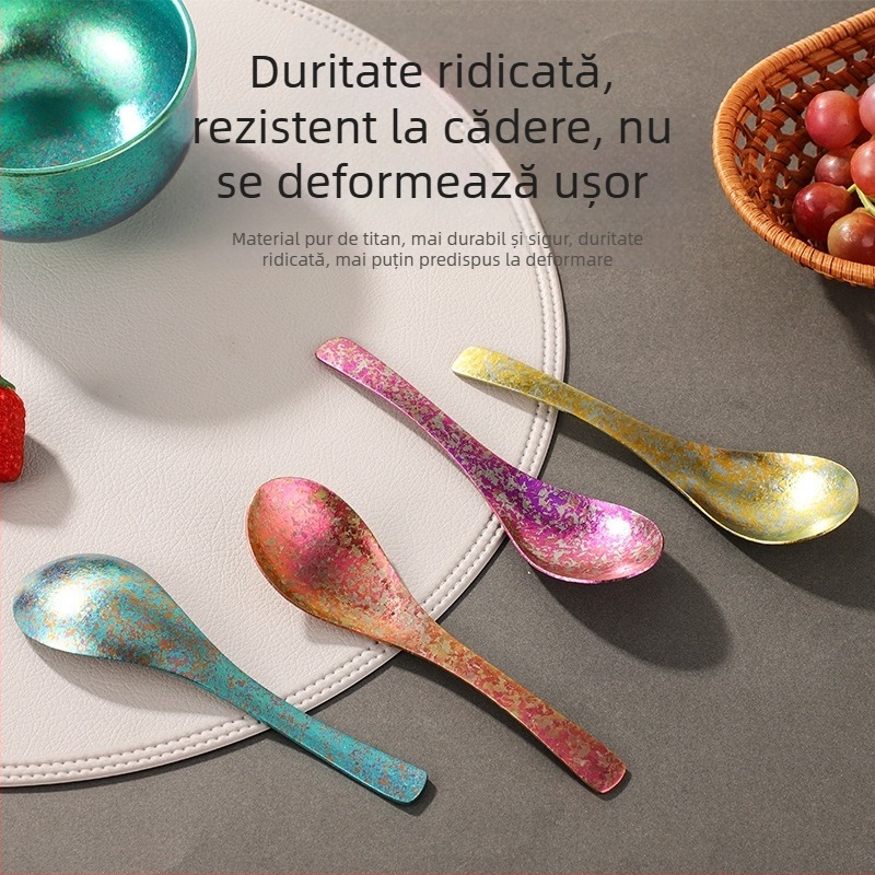 Lingură din titan pur, stil ușor lux pentru uz casnic, cu două straturi, fără acoperire, lingură de orez cu design Ice Flower, pentru camping în aer liber, anti-cădere, mică