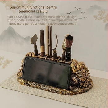Set de ceai Kung Fu pentru ceremonie „Șase Domni” – accesorii: clips pentru ceai, cuțit de ceai, suport pentru cești și instrumente de preparare a ceaiului