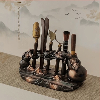 Set de ceai Kung Fu pentru ceremonie „Șase Domni” – accesorii: clips pentru ceai, cuțit de ceai, suport pentru cești și instrumente de preparare a ceaiului