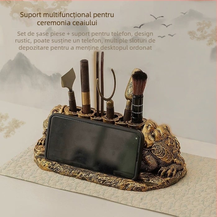 Set de ceai Kung Fu pentru ceremonie „Șase Domni” – accesorii: clips pentru ceai, cuțit de ceai, suport pentru cești și instrumente de preparare a ceaiului