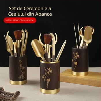 Set ceremonie ceai din lemn de abanos, accesorii din cupru pur și alamă, inclusiv clips de ceai, cuțit și stilou pentru întreținerea ceainicului