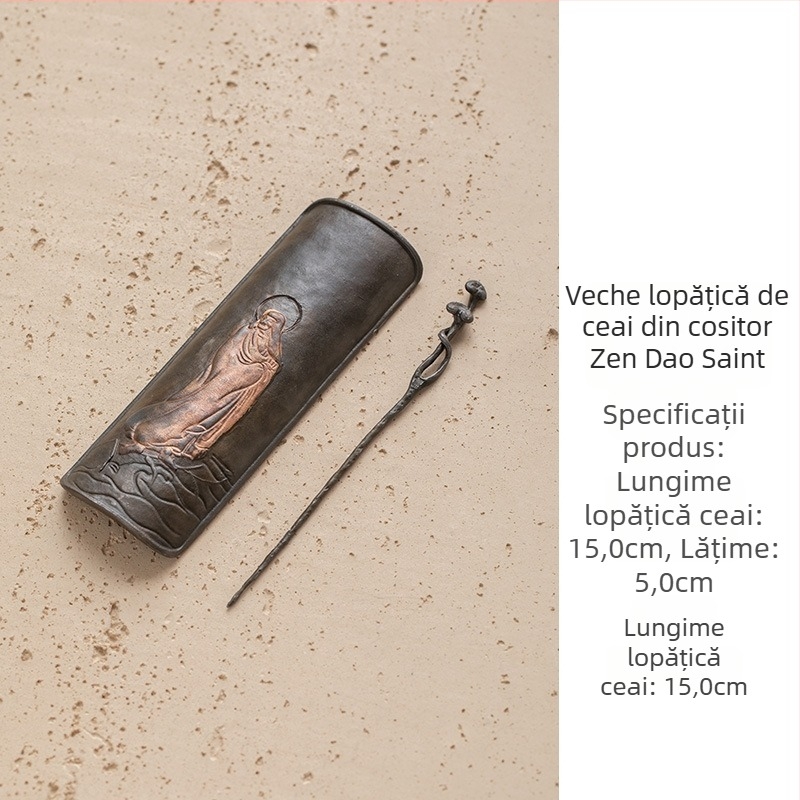 Set de ceai din tin, două piese, cu linguriță de ceai, îndepărtător de frunze, farfurie pentru ceai și accesorii pentru ceremonia ceaiului