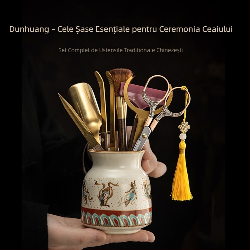 Set de ceremonie a ceaiului cu șase domni, cu colecție completă de accesorii și unelte pentru prepararea ceaiului, inclusiv clește pentru ceai, linguriță pentru ceai și recipient de depozitare
