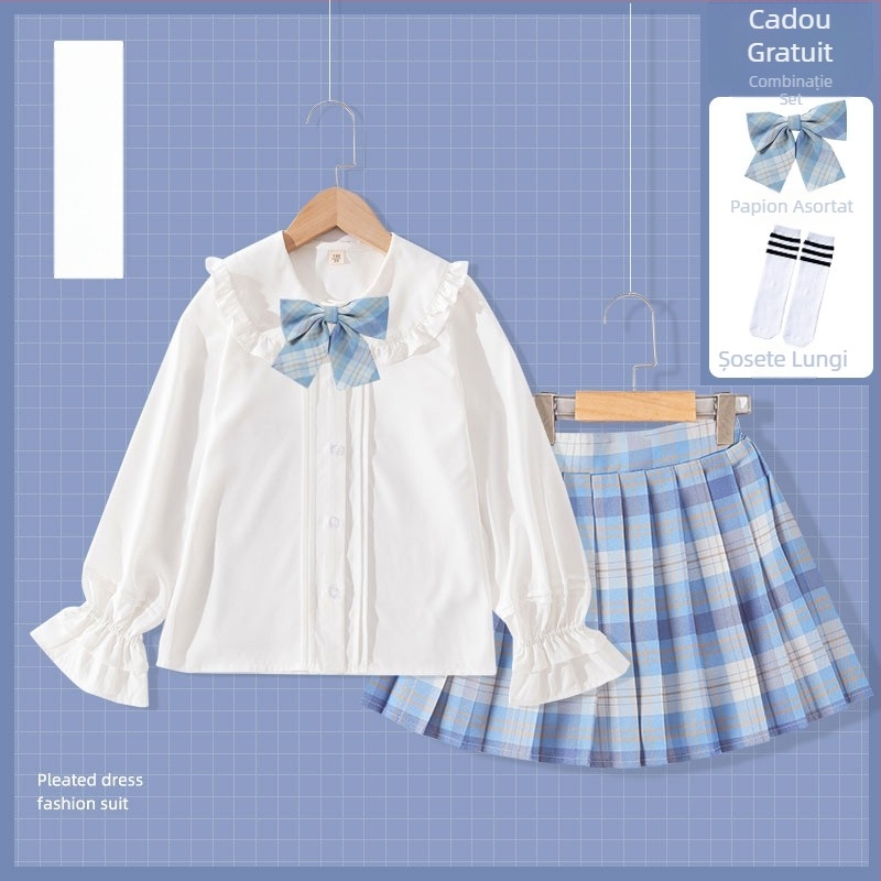 Set uniformă JK pentru fete: fustă plisată în carouri, vară, stil colegiu