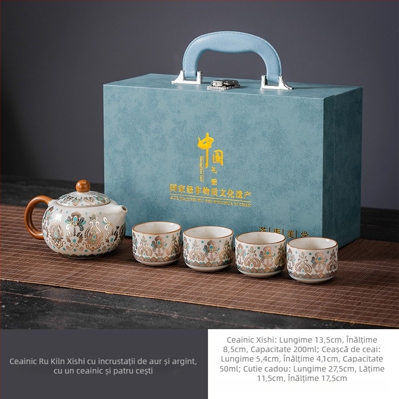 Set de ceai Gaiwan Ru kiln pentru patru cești, cu inserții din aur și argint, cutie cadou cu siglă personalizată