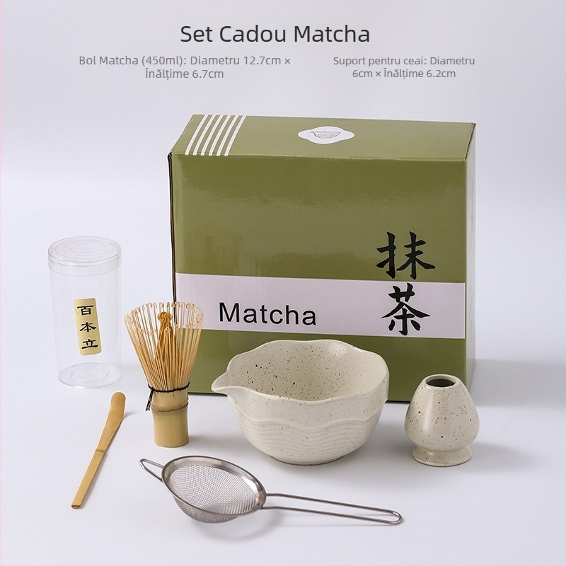 Set japonez pentru ceremonialul de matcha: tel din bambus, perie, bol pentru matcha și suport de amestecare