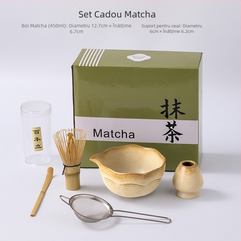 Set japonez pentru ceremonialul de matcha: tel din bambus, perie, bol pentru matcha și suport de amestecare