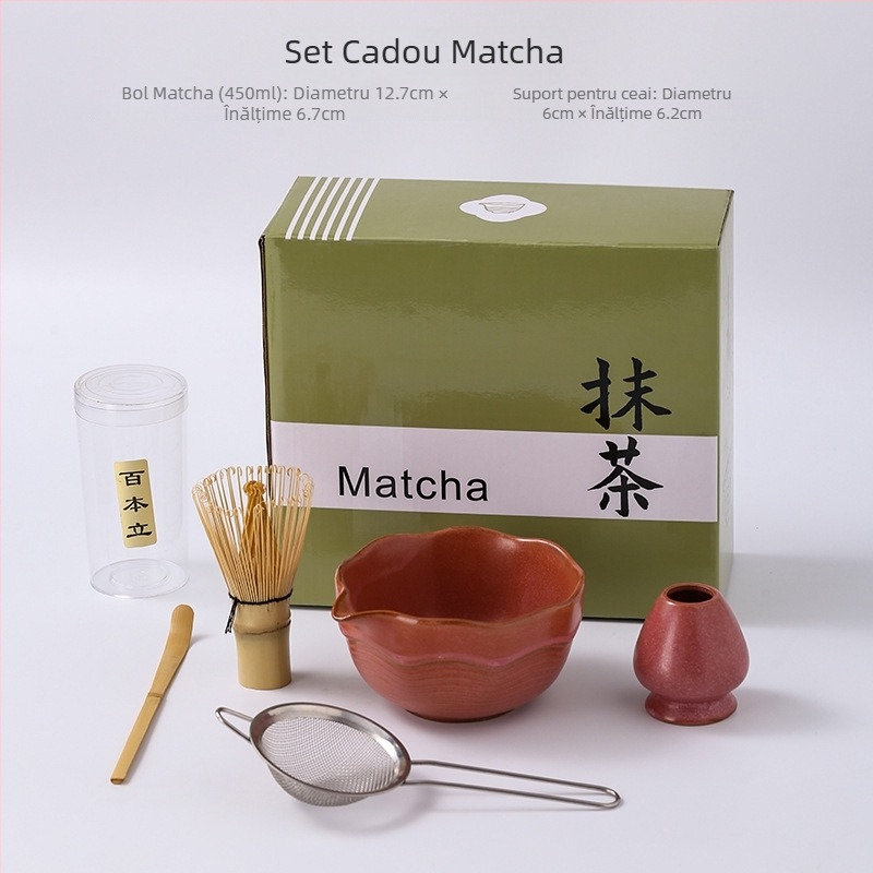 Set japonez pentru ceremonialul de matcha: tel din bambus, perie, bol pentru matcha și suport de amestecare