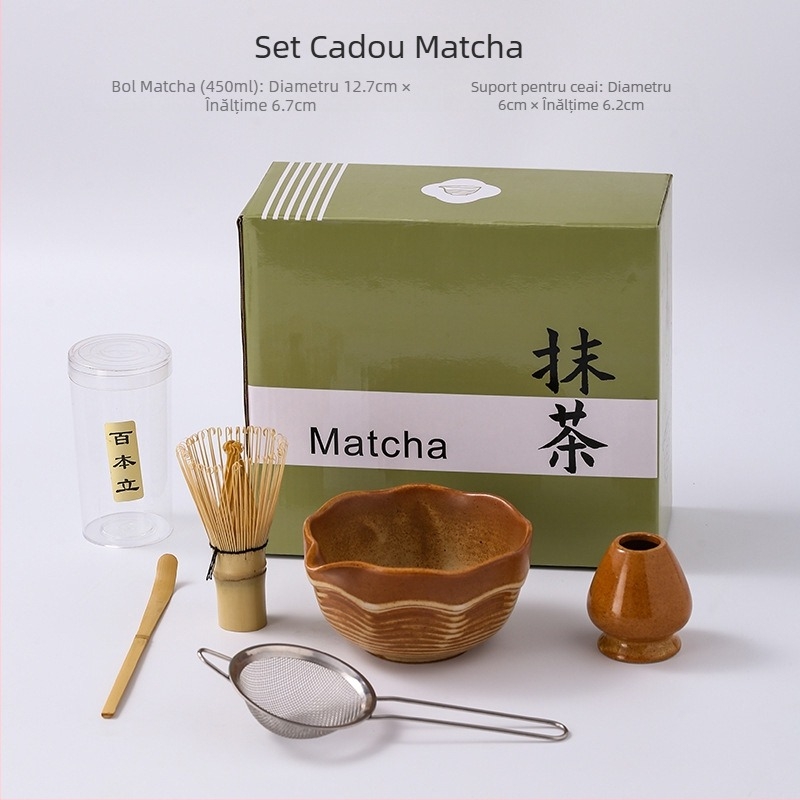 Set japonez pentru ceremonialul de matcha: tel din bambus, perie, bol pentru matcha și suport de amestecare