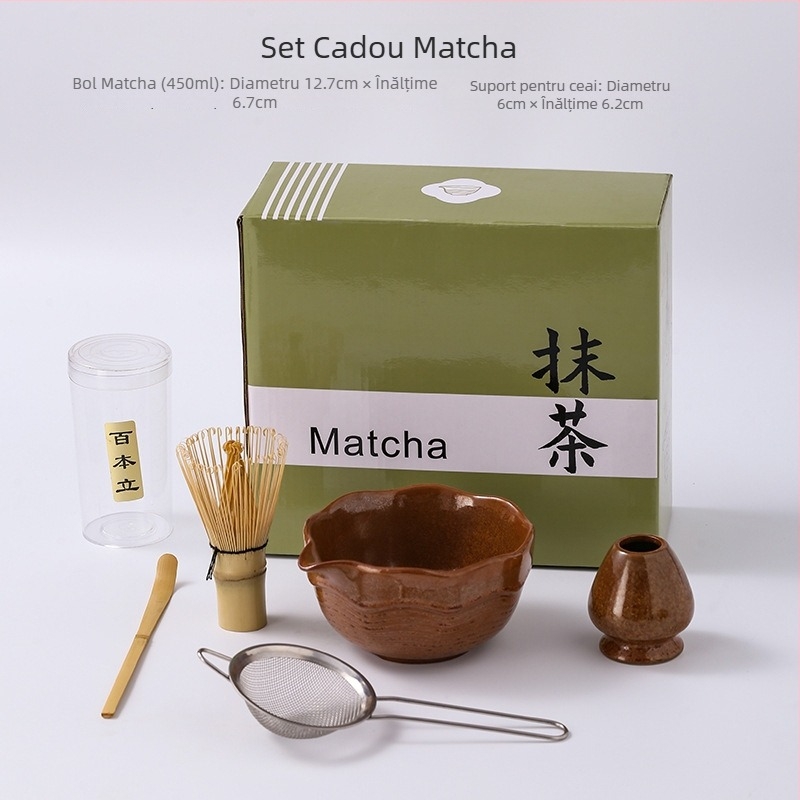 Set japonez pentru ceremonialul de matcha: tel din bambus, perie, bol pentru matcha și suport de amestecare