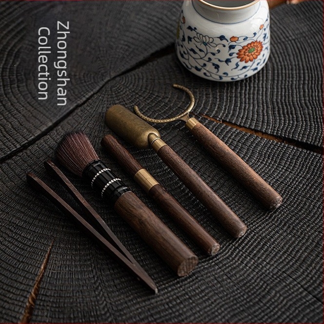 Set de accesorii pentru ceremonia de ceai, stil antic, cu instrumente Six Gentlemen Kung Fu pentru ceai: clips pentru ceai, instrument de întreținere pentru ceai, ac pentru ceai și linguriță