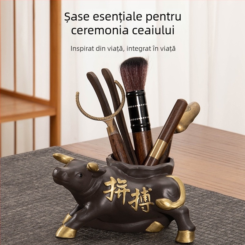 Set ceremonie ceai din lemn de abanos cu accesorii din bambus, include lingură de ceai, recipient de ceai, cuțit de ceai și clips pentru ceai