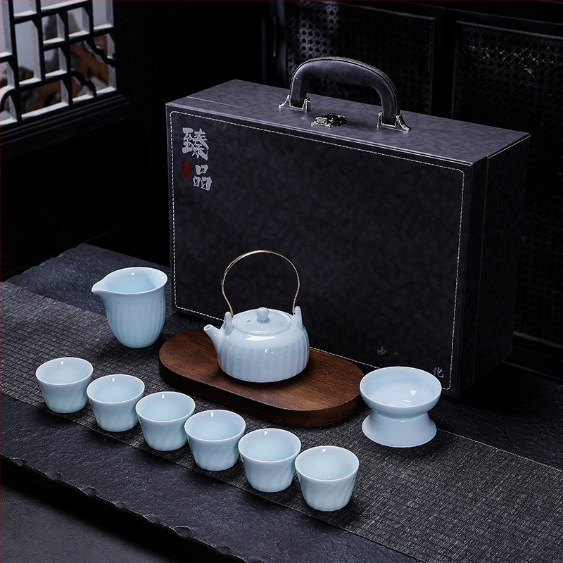 Set ceai Shadow Celadon Kung Fu, gaiwan ceramic cu capac și mâner, oală de ceai și ceainic, cu logo imprimat, personalizabil, cadou pentru casă și birou