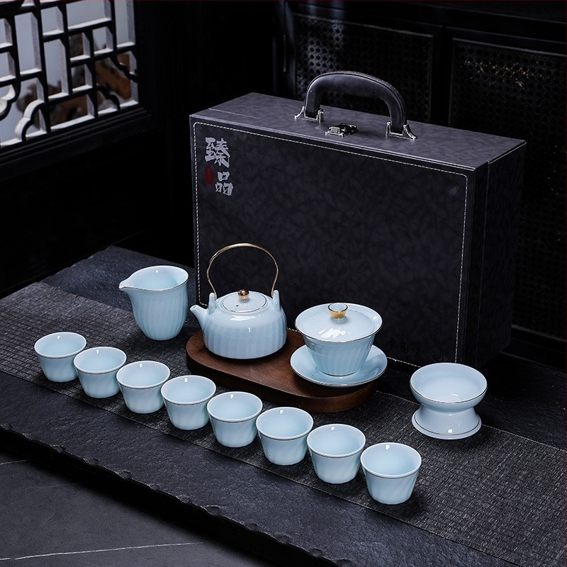 Set ceai Shadow Celadon Kung Fu, gaiwan ceramic cu capac și mâner, oală de ceai și ceainic, cu logo imprimat, personalizabil, cadou pentru casă și birou