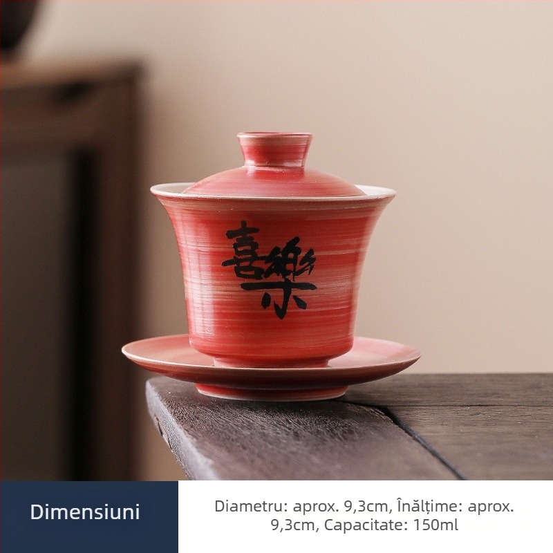 Ceainic Gaiwan cu capac - set Gongfu de ceai, vas pentru o singură infuzie, ceramică roșie vintage pentru nunți