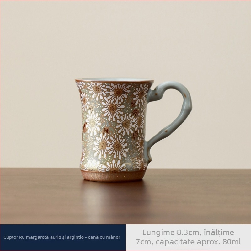 ceașcă de ceai din porțelan Ru, cu încrustații de aur și argint, design mic cu margaretă, cu mâner, pentru birou sau living