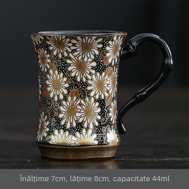 ceașcă de ceai din porțelan Ru, cu încrustații de aur și argint, design mic cu margaretă, cu mâner, pentru birou sau living