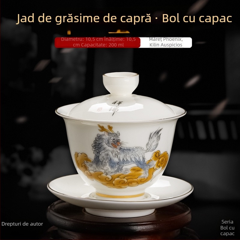 Ceașă de ceai din porțelan alb cu capac și farfurioară, detalii aurii și glazură tricoloră, set de ceai din trei piese