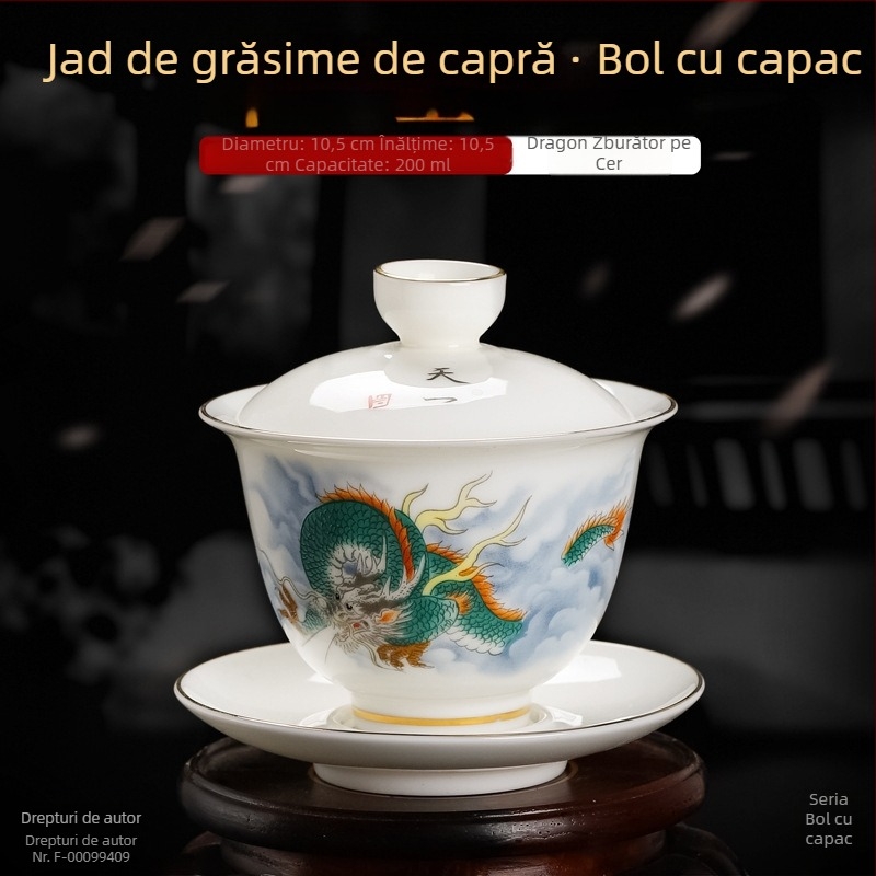 Ceașă de ceai din porțelan alb cu capac și farfurioară, detalii aurii și glazură tricoloră, set de ceai din trei piese