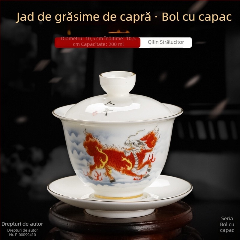 Ceașă de ceai din porțelan alb cu capac și farfurioară, detalii aurii și glazură tricoloră, set de ceai din trei piese