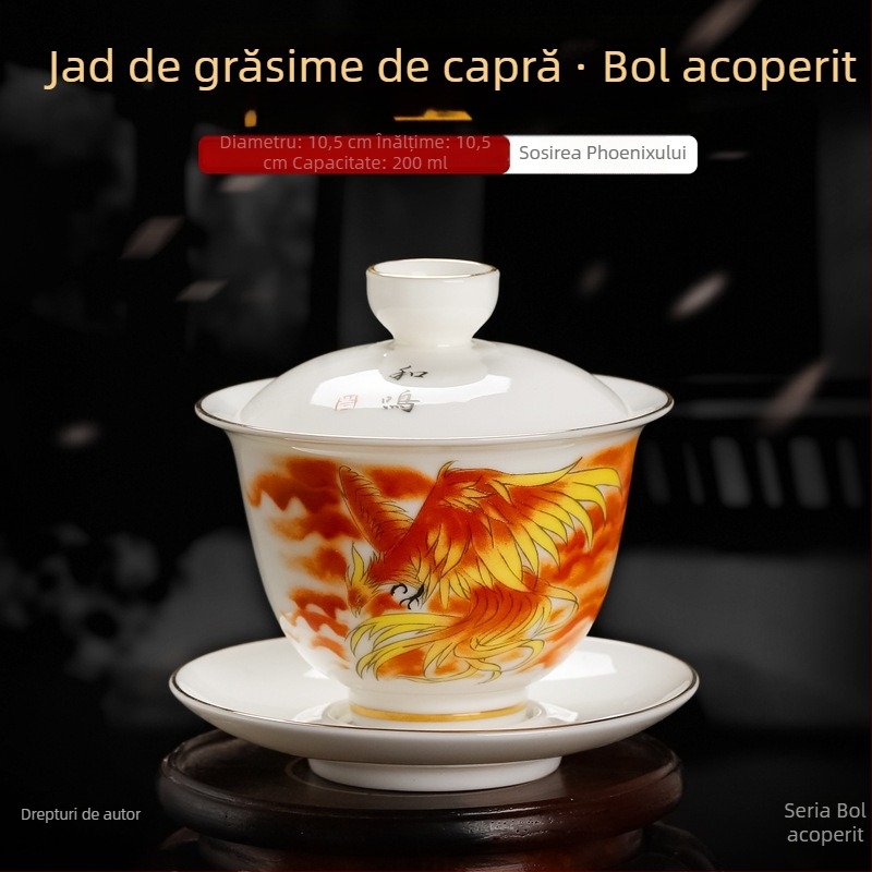 Ceașă de ceai din porțelan alb cu capac și farfurioară, detalii aurii și glazură tricoloră, set de ceai din trei piese