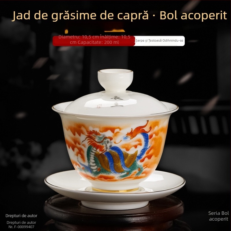 Ceașă de ceai din porțelan alb cu capac și farfurioară, detalii aurii și glazură tricoloră, set de ceai din trei piese