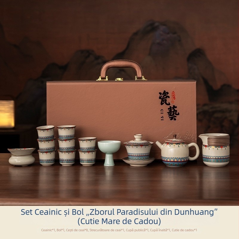Set ceai Gongfu din ceramică cu glazură crăpată – model nou 2025, cutie cadou elegantă pentru uz casnic