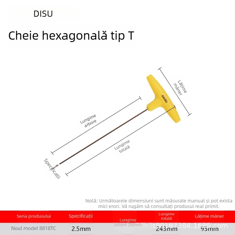 Disu cheie în formă de T, hex, lungă, pentru uz casnic, dimensiuni 2–8 mm, oțel S2