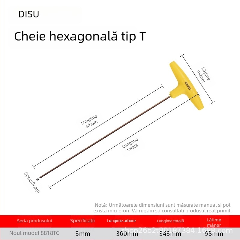 Disu cheie în formă de T, hex, lungă, pentru uz casnic, dimensiuni 2–8 mm, oțel S2