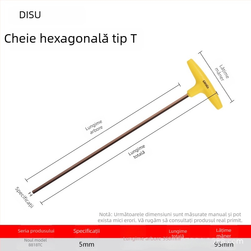 Disu cheie în formă de T, hex, lungă, pentru uz casnic, dimensiuni 2–8 mm, oțel S2