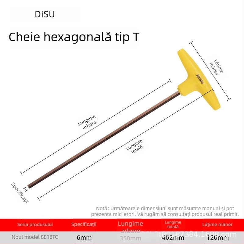 Disu cheie în formă de T, hex, lungă, pentru uz casnic, dimensiuni 2–8 mm, oțel S2