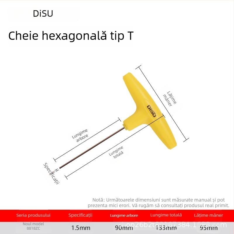 Disu cheie în formă de T, hex, lungă, pentru uz casnic, dimensiuni 2–8 mm, oțel S2