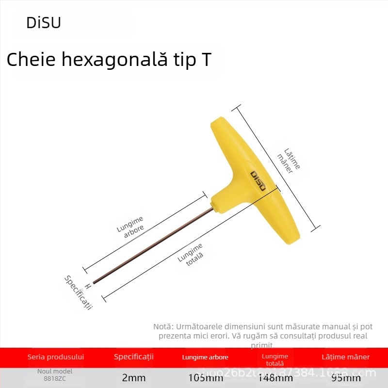 Disu cheie în formă de T, hex, lungă, pentru uz casnic, dimensiuni 2–8 mm, oțel S2