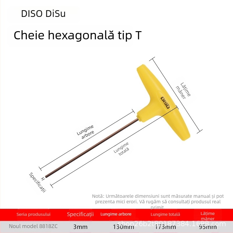 Disu cheie în formă de T, hex, lungă, pentru uz casnic, dimensiuni 2–8 mm, oțel S2