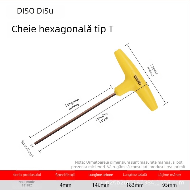 Disu cheie în formă de T, hex, lungă, pentru uz casnic, dimensiuni 2–8 mm, oțel S2