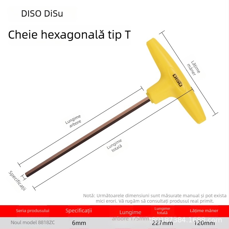 Disu cheie în formă de T, hex, lungă, pentru uz casnic, dimensiuni 2–8 mm, oțel S2