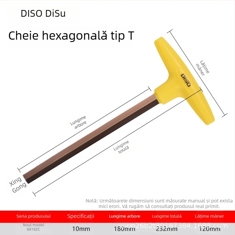 Disu cheie în formă de T, hex, lungă, pentru uz casnic, dimensiuni 2–8 mm, oțel S2