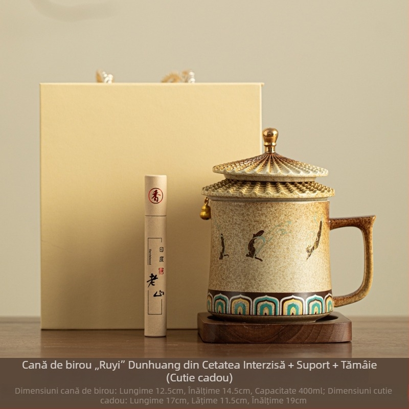 Ceașcă ceramică pentru ceai cu capac, sistem de separare ceai-apă și arzător de tămâie, stil chinezesc