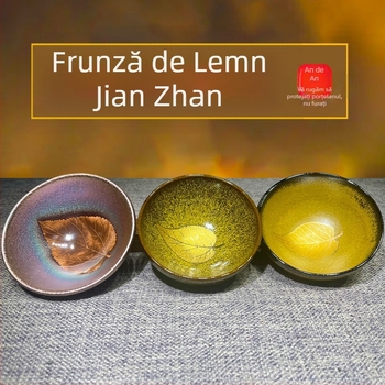 Ceșcă de ceai Tianmu cu glazură aurie și motiv cu frunze verzi, ceramică Tianmu, pentru ceremonia ceaiului