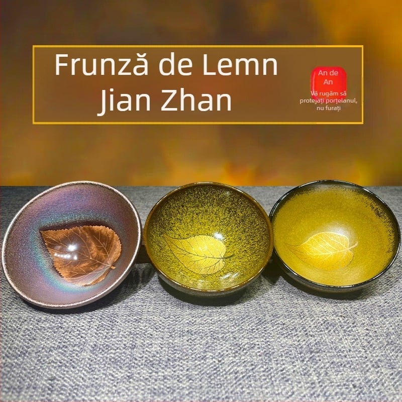 Ceșcă de ceai Tianmu cu glazură aurie și motiv cu frunze verzi, ceramică Tianmu, pentru ceremonia ceaiului